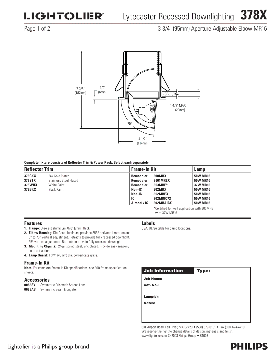 Lightolier 378X specifications Lytecaster Recessed Downlighting , 4 95mm Aperture Adjustable Elbow MR16 